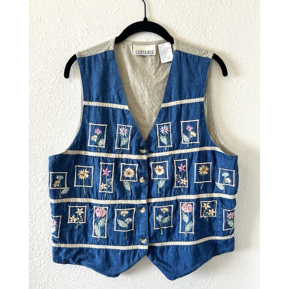 Vintage 90's Casey & Max Vest Women's Sz L Blue Denim Floral Embroidered Cottage